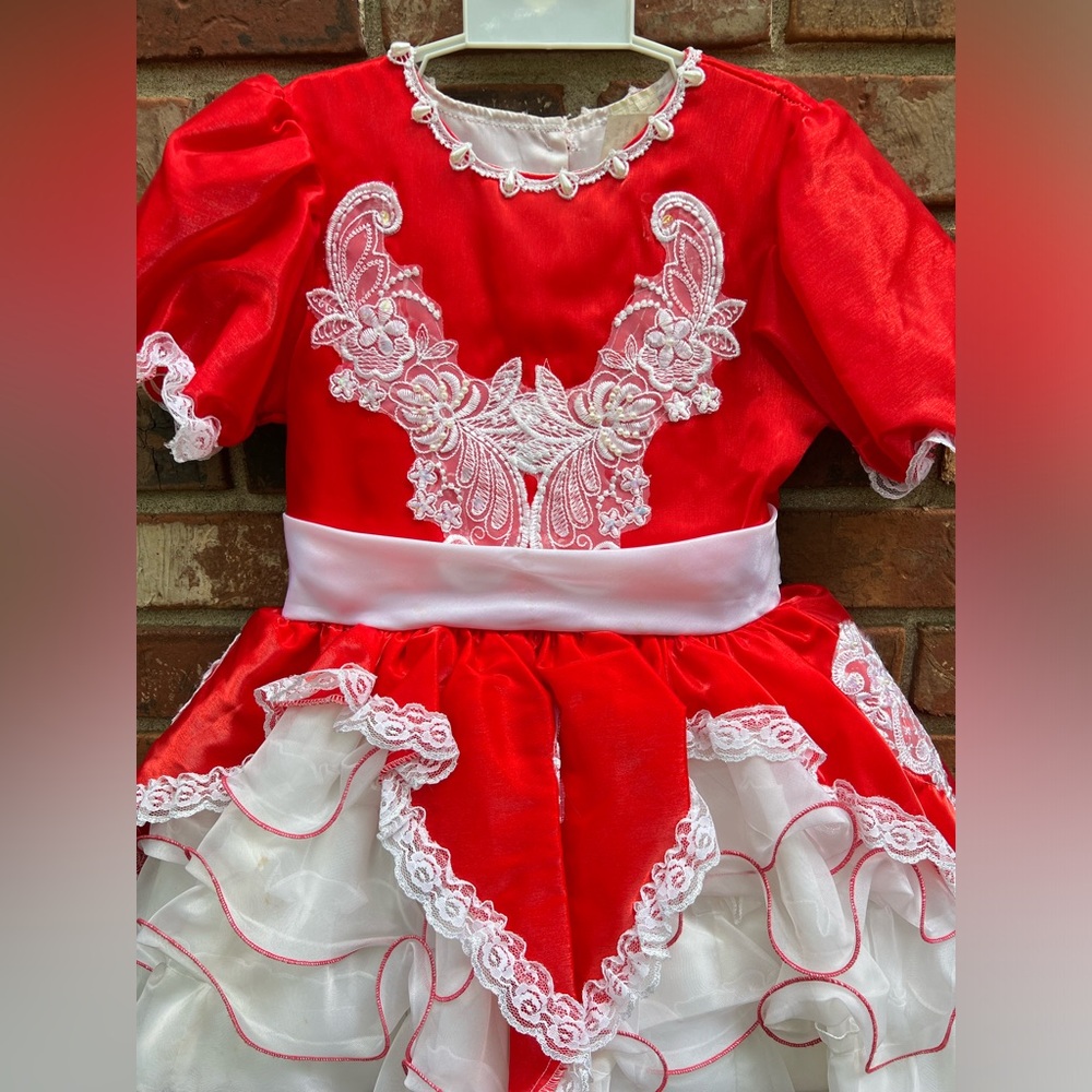 Vintage Baby Girls 90s White & Red Ruffle Lace and Tiered Frilly Lace Dress - Picture 2 of 14